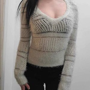 Mint green glass long sleeve v neck fluffy sweater